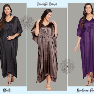 May include: Three satin caftans in black, brunette brown, and bordeaux purple. Each caftan has a V-neck, drawstring waist, and wide sleeves. The image includes the text "Brunette Brown", "Black", and "Bordeaux Purple".