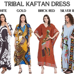 May include: Four long, flowing kaftan dresses in different colors and patterns. The dresses feature a V-neckline and are made of a lightweight fabric. The colors are white, gold, brick red, and silver blue. The patterns are tribal inspired and feature geometric shapes and figures.