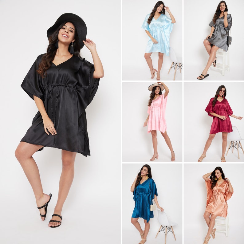 Short Kaftan Dress Satin Caftan Mini Dress Kimono Sleeve Short Tunic Nightdress Beach Cover Up Tunic Tops for Women Nighty Sleepwear