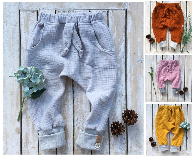 Organic muslin pants with co-wax cuffs Harem pants SAND