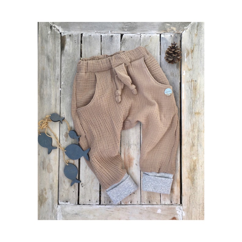 Organic muslin pants with co-wax cuffs Harem pants SAND