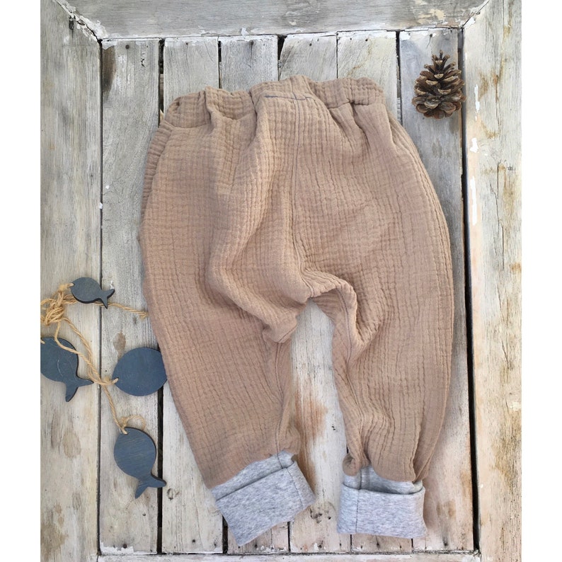 Organic muslin pants with co-wax cuffs Harem pants SAND
