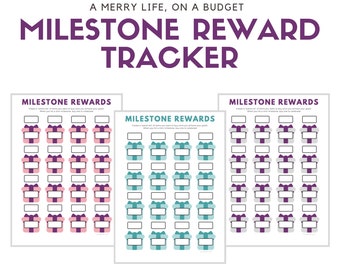 May include: Printable milestone reward tracker with three different color options: pink, blue, and gray. Each tracker features a grid of 30 gift boxes with blank spaces for writing in rewards.