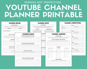 May include: Black and white printable planner for YouTube channels. The planner includes sections for channel branding, channel basics, channel niche, channel audience, and channel competitors. The planner is designed to help you plan and grow your YouTube channel.