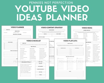 May include: A printable PDF planner for YouTube video ideas. The planner includes sections for video titles, monetization, video details, video checklist, video content strategy, video playlists, and video ideas. The planner is designed for US Letter size paper, measuring 8.5 inches by 11 inches.