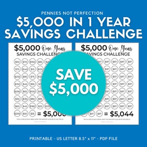 Money Saving Challenge, Save 5,000 Dollars In One Year, 5,000 Dollar Savings Challenge Tracker Printable