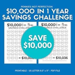 Money Saving Challenge, Save 10,000 Dollars In One Year, 10,000 Dollar Savings Challenge Tracker Printable