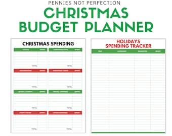May include: Printable Christmas budget planner with green and red text. The planner includes sections for Christmas spending, holiday spending tracker, and totals for each category.