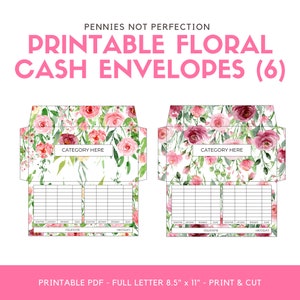 Printable Cash Envelopes with Trackers - Floral Set of 6 Cash Envelopes Instant Download For Cash Envelope System