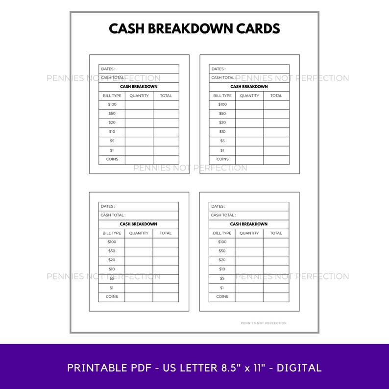 Printable Cash Breakdown Card Cash Breakdown Count Sheet Printable PDF