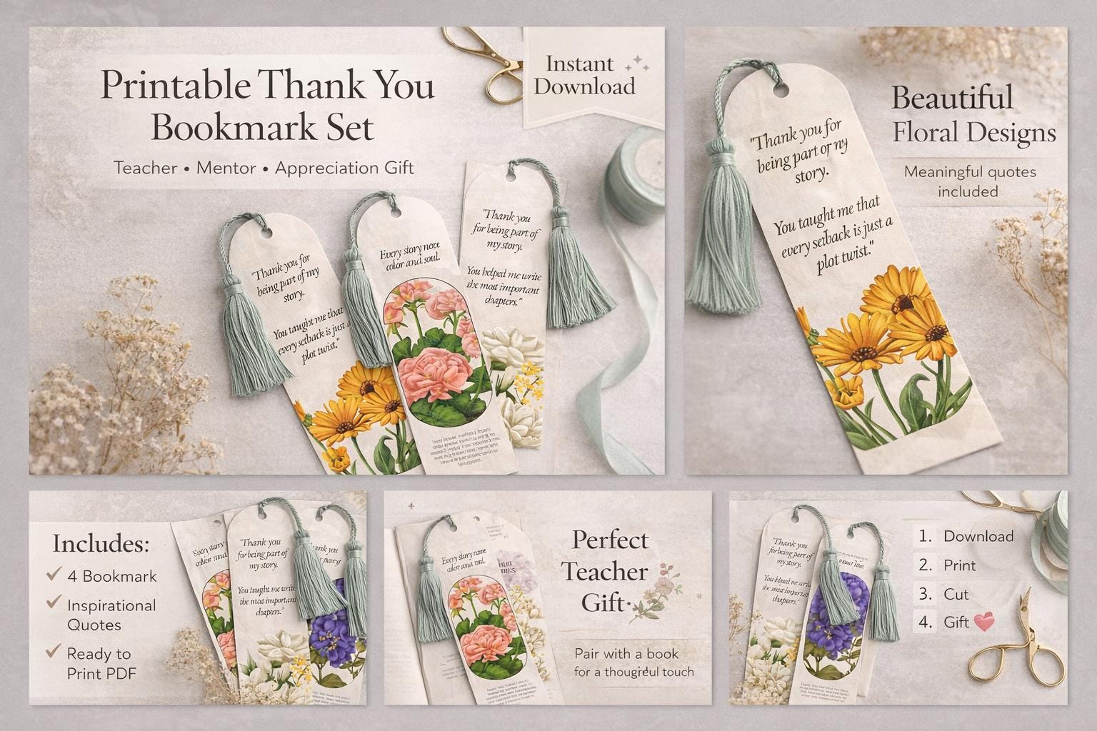 Floral Thank You Bookmarks | Teacher Mentor Appreciation Gift (PDF ...