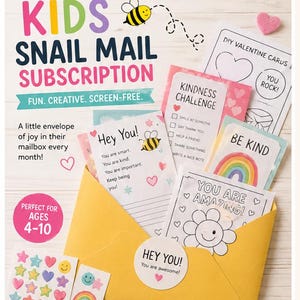 May include: A yellow envelope filled with colorful cards and stickers. The cards have messages like "Hey You!" and "Be Kind." The text on the envelope says "Kids Snail Mail Subscription" and "Fun. Creative. Screen-Free."