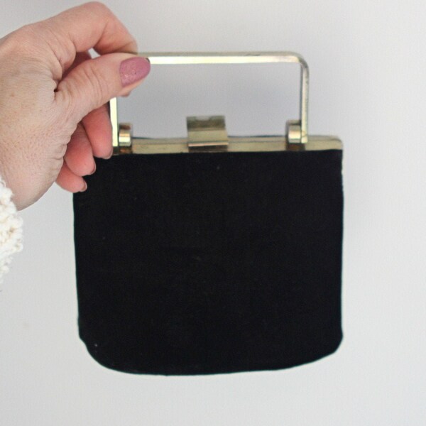 Vintage Black Tiny Handbag Velvet Very Small Square Evening Prom Bag Purse Handbag GUC Antique Pocketbook Women Accessory Funky Cool Vintage