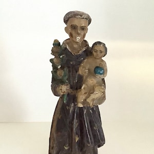 Antique St Anthony Statue,St Anthony Padua,Catholic Sculpture,Plaster Resin Wood Handmade Statue,Signed Luis P.C.,Baby Jesus,Chalice Lilies