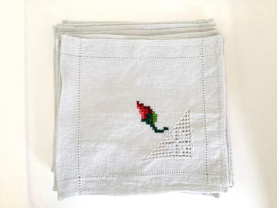 Vintage Embroidered Napkins,cross Stitch Rosebud Napkins,set 10