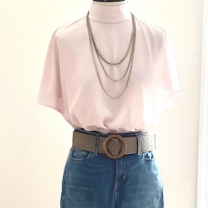 80s Silky Pink Blouse: Mock Neck Back Button Top