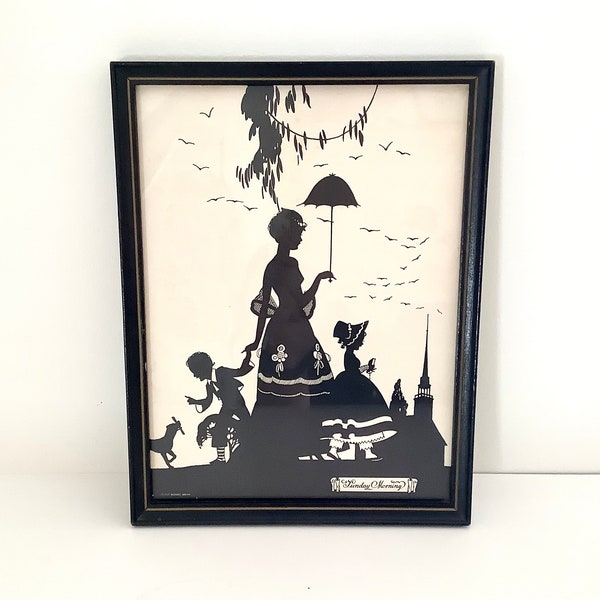 Vintage Framed Silhouette Print,1927 Buckbee Brehm,Sunday Morning Silhouette,Black and White Print,Lady w Child & Dog,Small Art Black Frame