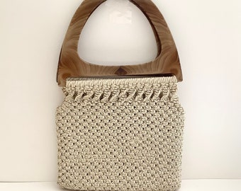 Tan Crochet Woven Handbag,Lucite Acrylic Handles,Summer Shoulder Bag,70s 80s Women Accessories,Mothers Day Gift for Her,Funky Cool Vintage