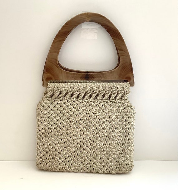 Tan Crochet Woven Handbag,Lucite Acrylic Handles,S