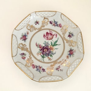 Floral Decorative Plate,Made in Germany,Vintage Gold Trimmed Plate,Floral Porcelain Plate,Reticulated Plate,Plate with Cut Outs,Grandma Core