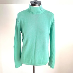 Vintage Talbots Green Cotton Sweater: Ribbed Mock-Neck, 80s/90s Style