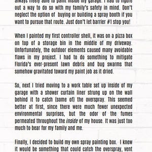 May include: A page of text with a white brick background. The text discusses painting experiences, including challenges with outdoor elements, garage setups, and the decision to build a spray painting box to manage fumes and debris. The number 2 is at the bottom.