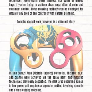 May include: A game controller faceplate featuring a multi-colored design with blue, orange, and pink sections. The center displays a dark, detailed graphic of a character in a power suit. The controller shell has cutouts for buttons and joysticks.