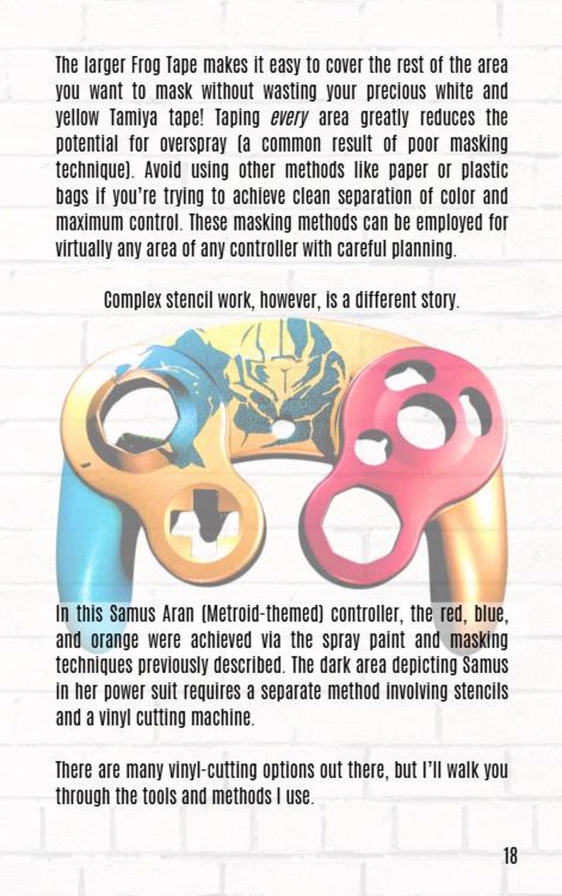 May include: A game controller faceplate featuring a multi-colored design with blue, orange, and pink sections. The center displays a dark, detailed graphic of a character in a power suit. The controller shell has cutouts for buttons and joysticks.