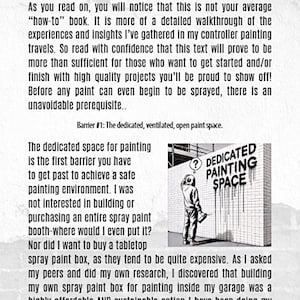 May include: A page from a book titled The First Barrier, Chapter 1. The text discusses creating a dedicated, ventilated painting space. It includes an illustration of a person spray painting a brick wall with the text DEDICATED PAINTING SPACE.