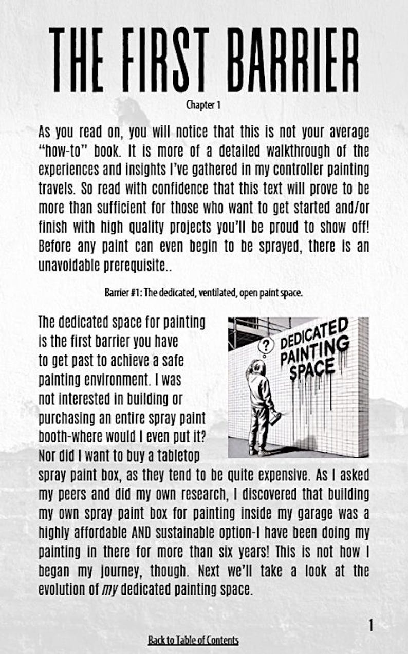 May include: A page from a book titled The First Barrier, Chapter 1. The text discusses creating a dedicated, ventilated painting space. It includes an illustration of a person spray painting a brick wall with the text DEDICATED PAINTING SPACE.