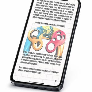 May include: A smartphone displaying a page with text about masking techniques and a graphic of a game controller faceplate featuring blue, red, and orange sections with a dark silhouette of a character in the center, labeled with page number 18.