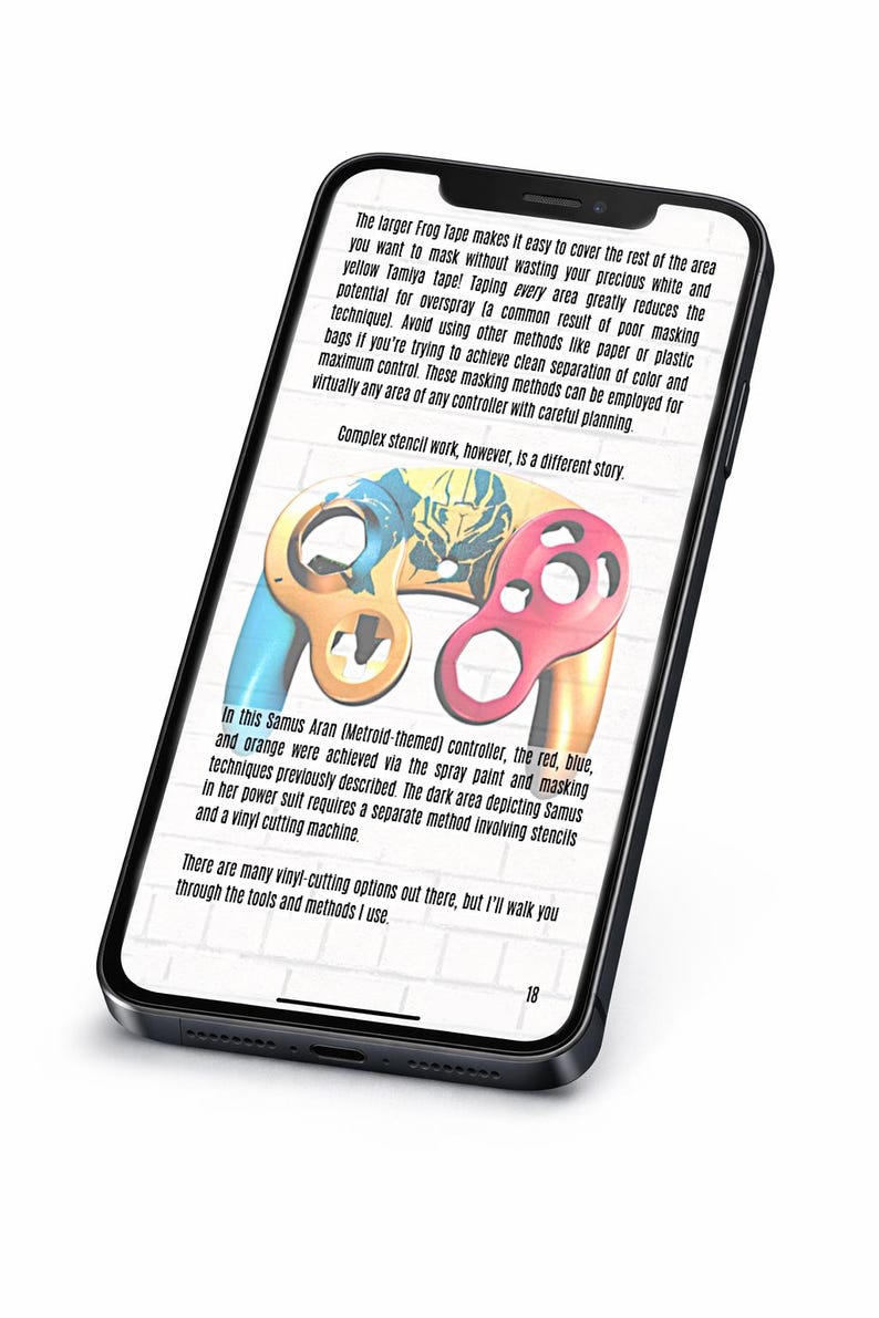 May include: A smartphone displaying a page with text about masking techniques and a graphic of a game controller faceplate featuring blue, red, and orange sections with a dark silhouette of a character in the center, labeled with page number 18.