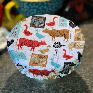 Bowl cover, kitchenaid mixer bowl cover, kitchen decor, farmhouse, cows, chicken, pigs, bowl topper