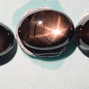 Könnte beinhalten: Drei polierte, ovale schwarze Sternsaphire. Jeder Edelstein zeigt ein markantes sechszackiges Sternmuster in einem goldbraunen Farbton, vor einem dunklen, glänzenden Hintergrund. Die Steine ​​werden auf einer hellblauen Oberfläche ausgestellt.