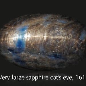 Könnte beinhalten: Ein großer, ovaler Saphir-Katzenaugen-Edelstein mit einer dunkelbraunen und blauen, marmorierten Oberfläche und einem ausgeprägten Chatoyance-Band. Der Text unter dem Stein lautet: Very large sapphire cat's eye, 1615 ct. Der Edelstein hat eine glatte Oberfläche.