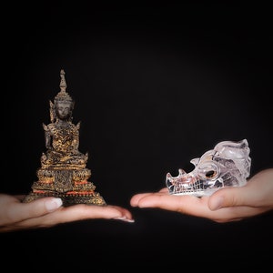 May include: Two hands hold out two small objects. The left hand holds a gold-colored statue of Buddha. The right hand holds a clear crystal skull.