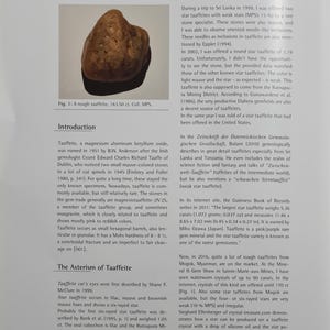 May include: A rough, brown taaffeite gemstone, as shown in Fig. 1, with a weight of 163.50 ct. The image is from a scientific publication and shows the mineral's natural, unpolished form. The stone has an irregular shape.