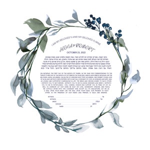 Botanical Ketubah Sage Greenery Wreath for Modern Jewish Wedding