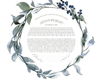 Botanical Ketubah Sage Greenery Wreath for Modern Jewish Wedding