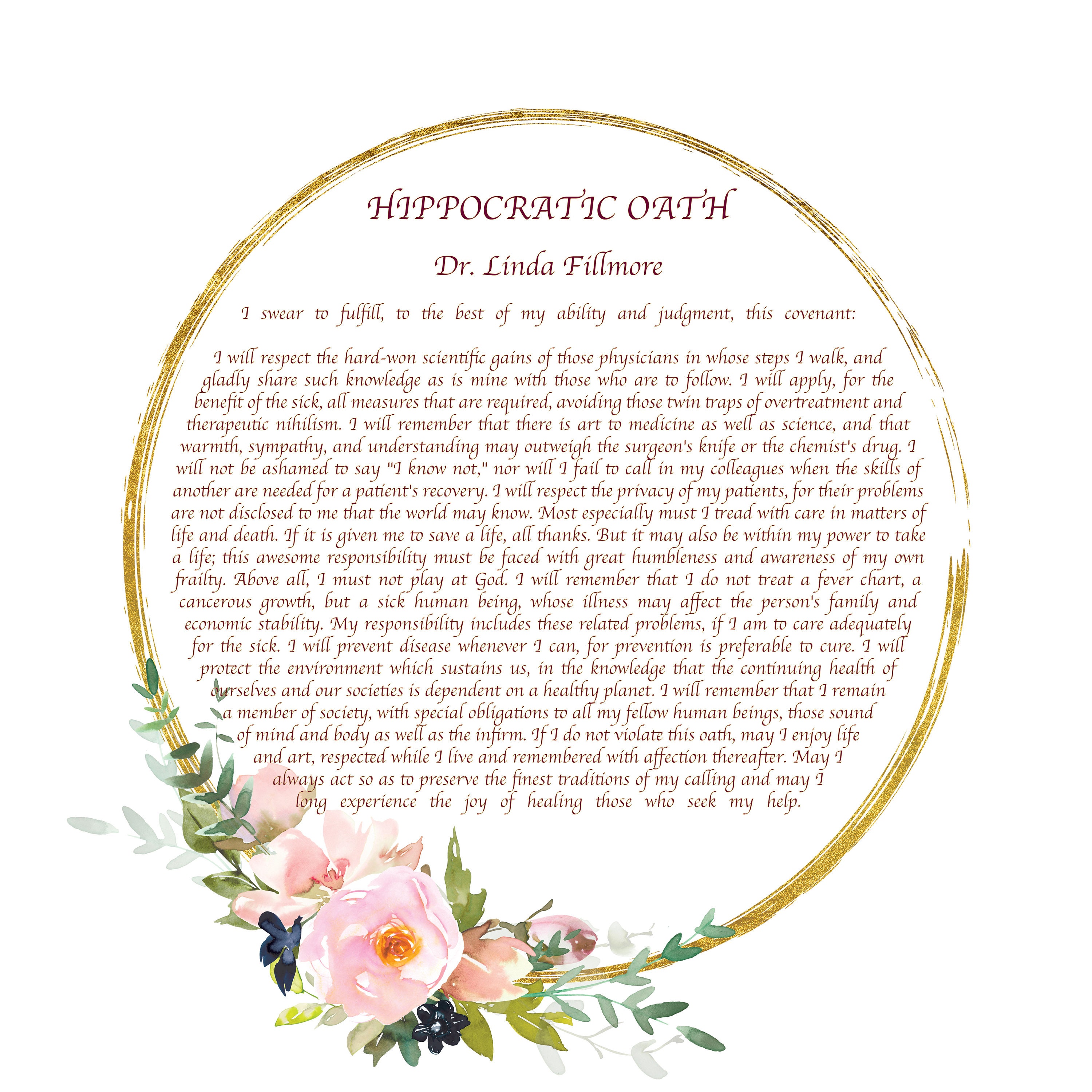Hippocratic Oath, Doctor Gift, Doctor Present, Physicians Oath, Doctor Graduation Gift, Gift for Doctor, MD Gifts, Personalized Dr. Gift