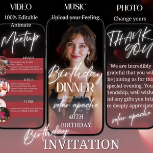 Animated Birthday Dinner Invitation – Elegant Black Tie Party Evite, Editable Canva Template, Instant Download
