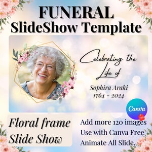 Floral Funeral Slideshow Template – Canva Memorial Video, Celebration of Life Tribute, 50+ Editable Slides