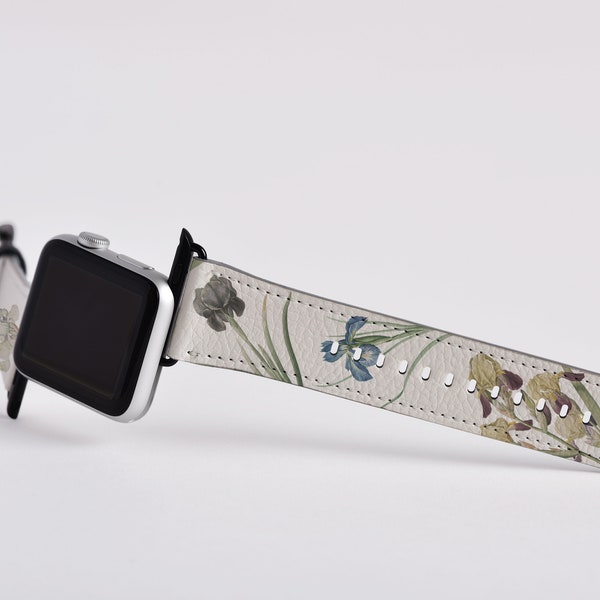 Schwertlilien Iris Band Apple Watch Modelle OS SE Series 9 8 SE Ultra Uhrenband Pflanzenliebhaber Papierleder 38 42 mm Handmade Strap Floral