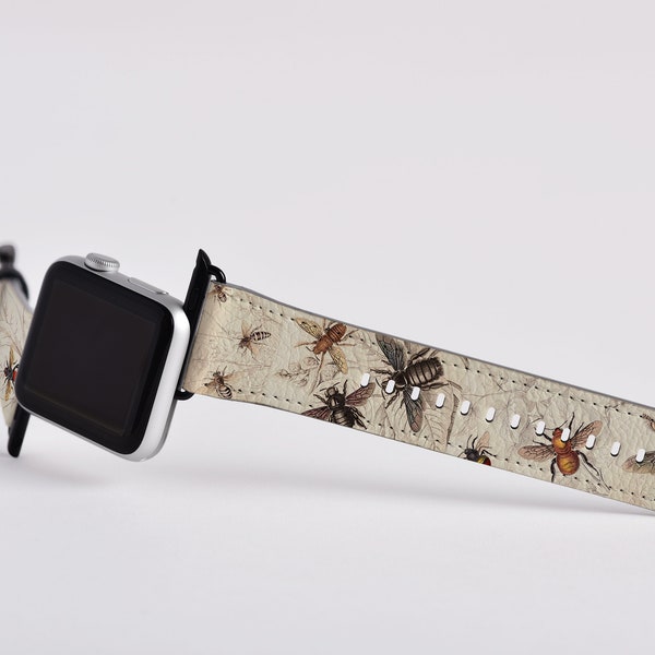Cinturino con api per tutti i modelli di Apple Watch Cinturino in pelle oro rosa argento o nero 38 42 mm per Apple Watch Api Insetti fatti a mano