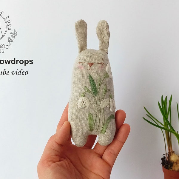 PDF pattern + video tutorial, handmade bunny toy with botanical embroidery, sewing pattern, stuffed bunny pattern, linen bunny rabbit toy