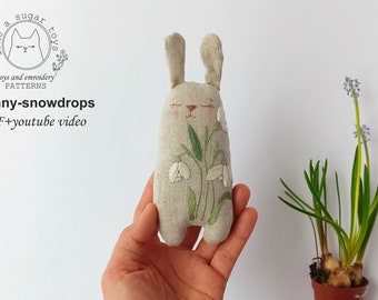 PDF pattern + video tutorial, handmade bunny toy with botanical embroidery, sewing pattern, stuffed bunny pattern, linen bunny rabbit toy