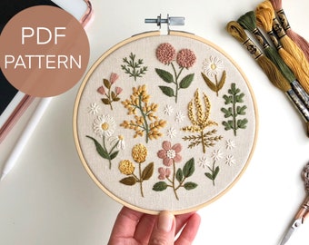 Vintage Wildflowers embroidery pattern, floral embroidery pattern PDF, embroidery design flowers, botanical embroidery PDF pattern