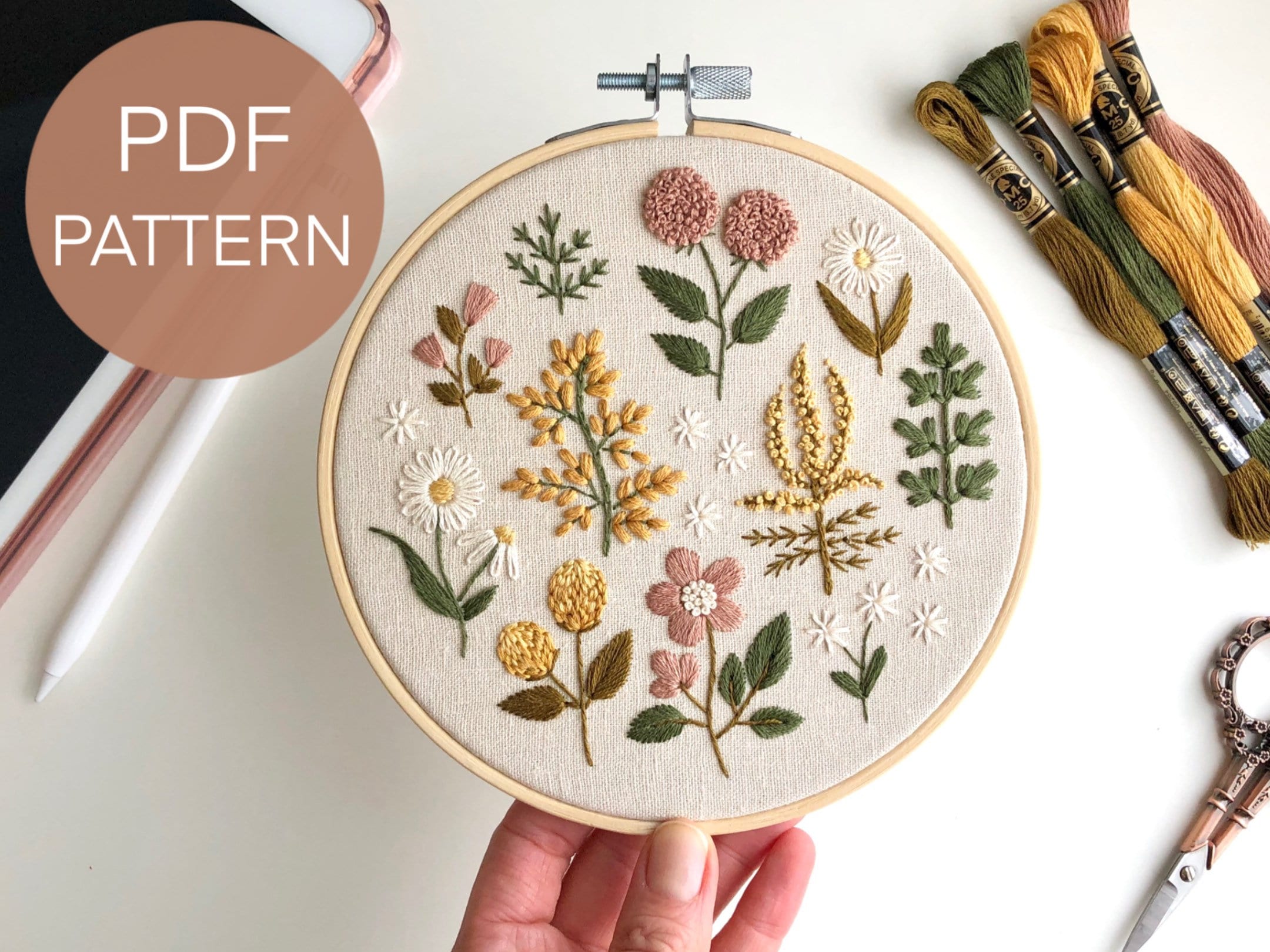 Vintage Wildflowers Embroidery Pattern, Floral Embroidery Pattern