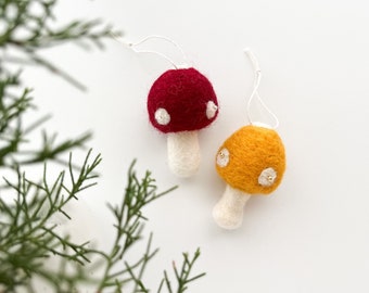 Mushroom ornaments, soft wool ornaments, handmade ornaments, Christmas tree ornaments, whimsical boho ornaments