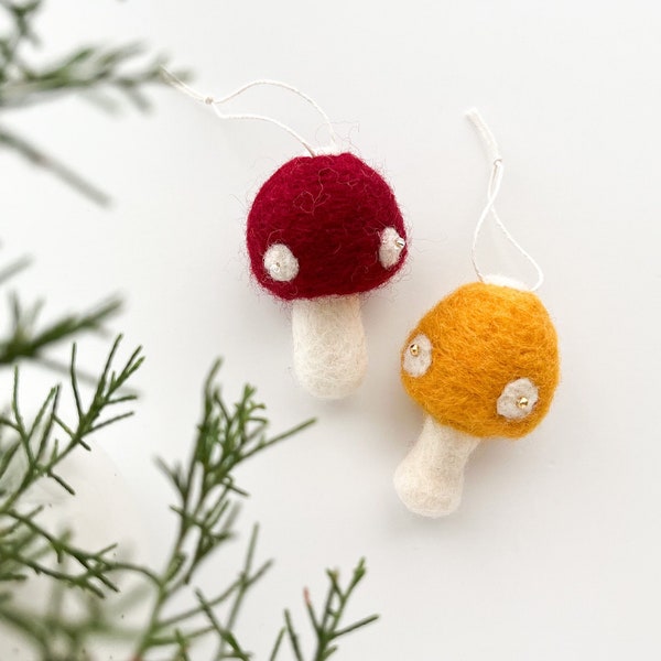 Mushroom ornaments, soft wool ornaments, handmade ornaments, Christmas tree ornaments, whimsical boho ornaments